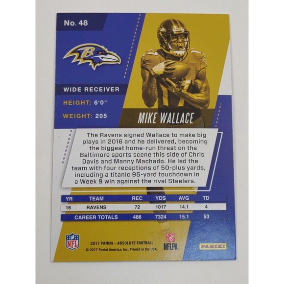 2017 Panini Absolute - #48 Mike Wallace - Baltimore Ravens - Picture 2 of 2